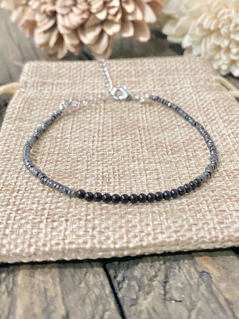 Dainty Chain Bracelet, Tiny Hematite & Onyx beads, 18k Gold Filled Chain
